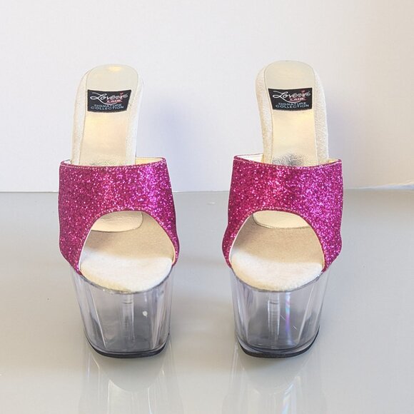 Y2K Lover's Lane Signature Collection Pink Glitter Stiletto Heels Clear Platform - Picture 4 of 10